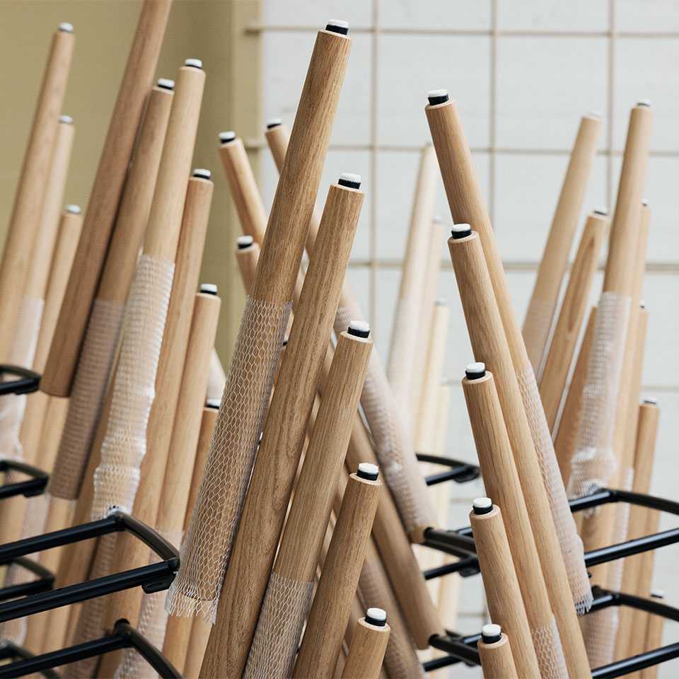Wooden legs of chairs in a stack